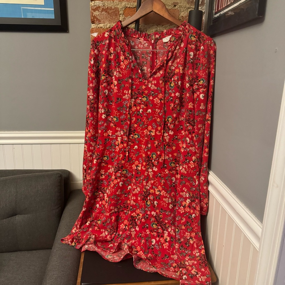 Loft Red Floral Dress Tie Front Size 10